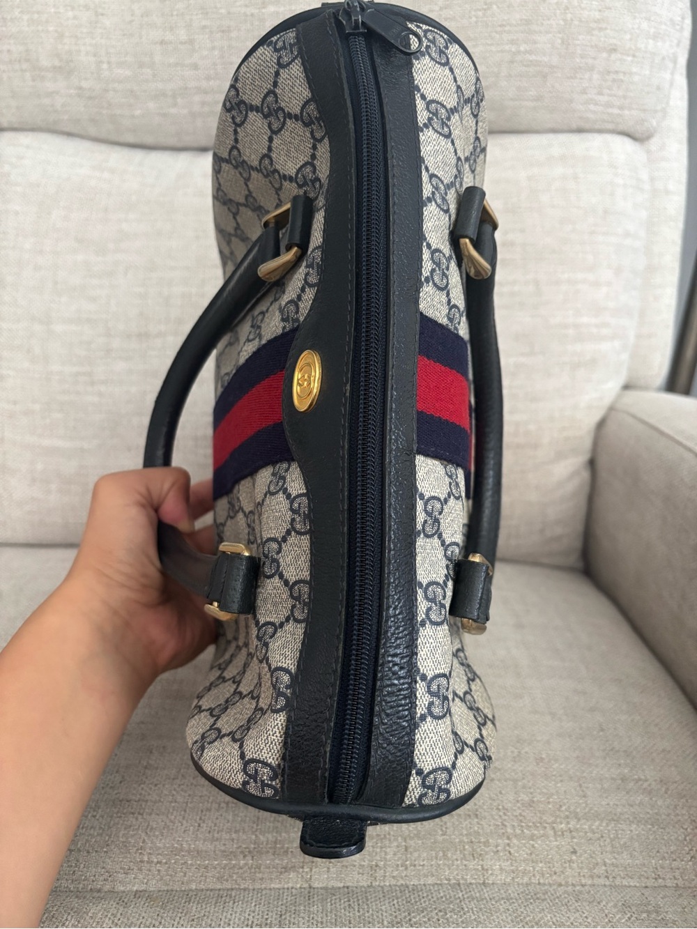 Gucci Beige GG Canvas Boston Bag with Sherry Line Navy - Picture 6 of 16
